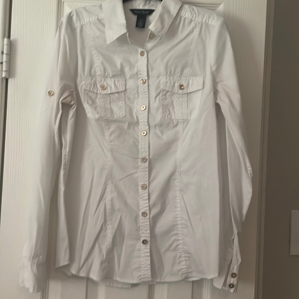 Women White V-neck Long sleeve/quarter sleeve Gold Button down Shirt. Size 6.
